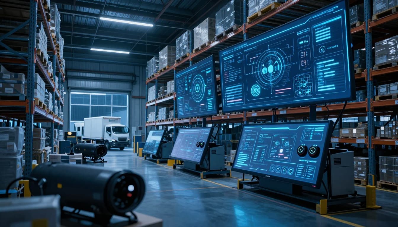 Futuristic smart warehouse featuring IoT sensors on shelves and a single glowing AI dashboard, connected to transport trucks visible through the window, in dramatic blue-toned cinematic lighting with depth of field on tech elements.