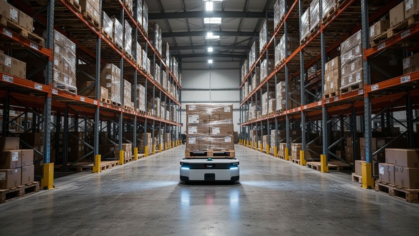 Modern warehouse interior featuring an autonomous guided vehicle (AGV) transporting a pallet towards tall racking shelves, with empty aisles, concrete floor, and high ceilings in cinematic style with dramatic lighting.