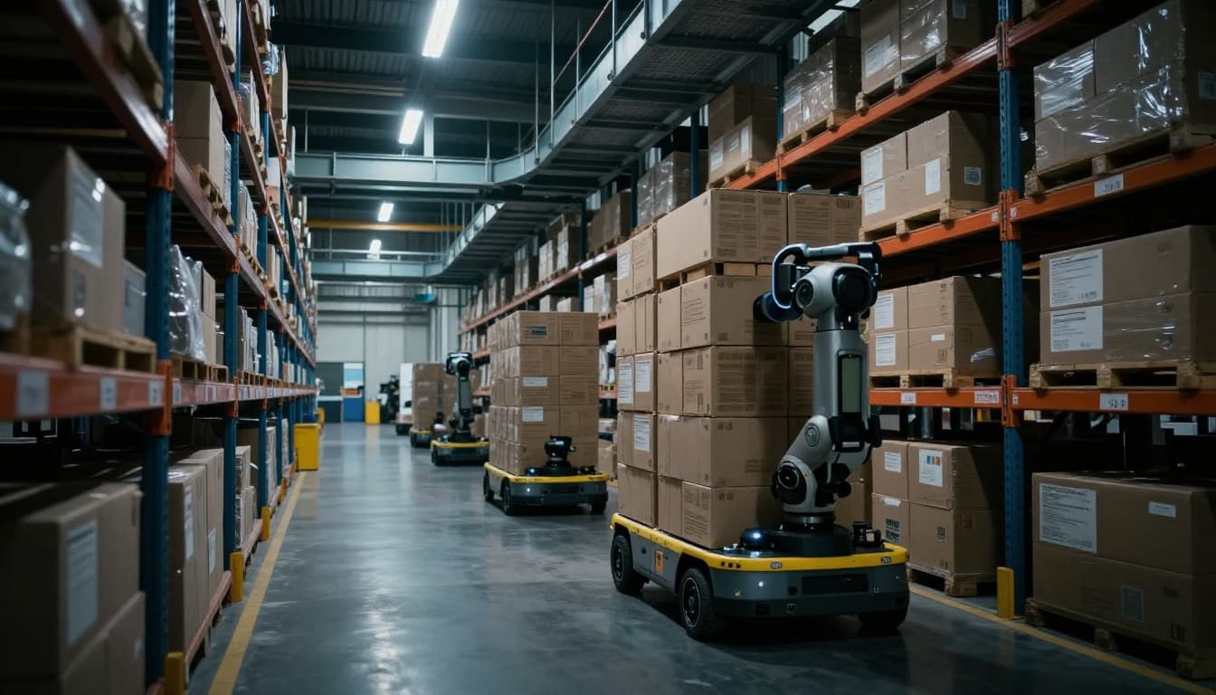 Autonomous guided vehicles (AGVs) carry stacked boxes along the warehouse floor past shelves in a modern automated facility featuring overhead conveyors, with dramatic lighting and cinematic depth.