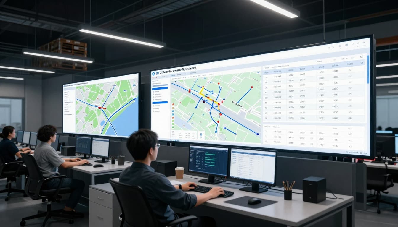 Modern operations room in a distribution center with AI dashboard on large wall screens showing blurred route maps and inventory charts, single operator at desk with relaxed hands on keyboard, cinematic style with dramatic lighting and depth.