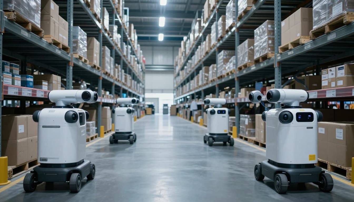Four autonomous mobile robots navigate a vast modern warehouse, transporting shelves loaded with boxes while one empty robot weaves through paths, captured in dynamic side-angle cinematic style with dramatic lighting and cool blue-gray tones.