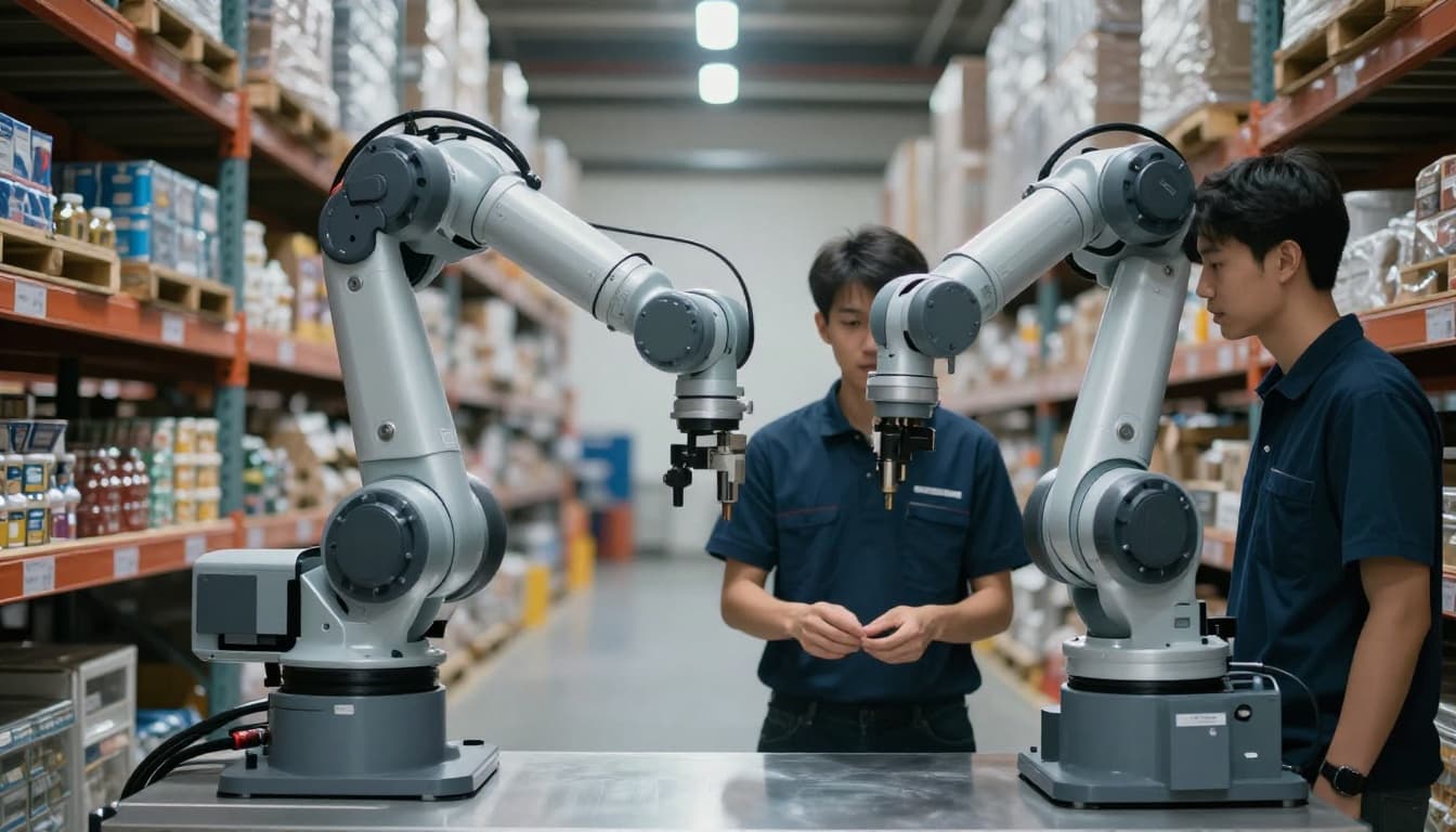 Collaborative robot arm and cobot work alongside one warehouse worker picking items from shelves in a brightly lit fulfillment area, with close-up focus on safe human-robot interaction.