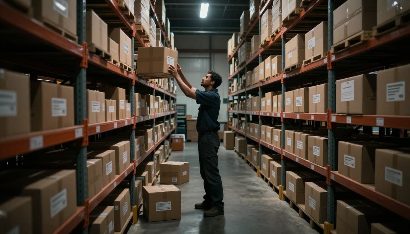 A single warehouse worker in a vast dimly lit industrial warehouse aisle reaches for a box on a high shelf, looking confused at similar labeled boxes nearby with scattered boxes on the floor, cinematic style.