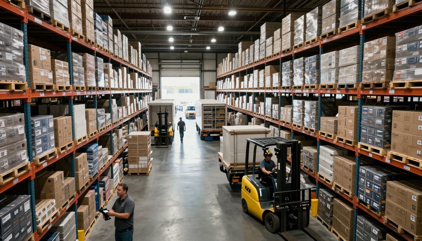 Interior view of a bustling distribution center with two workers unloading trucks at the dock, one using a barcode scanner, surrounded by towering shelves of boxes and forklifts moving pallets, captured in cinematic style with dramatic lighting.