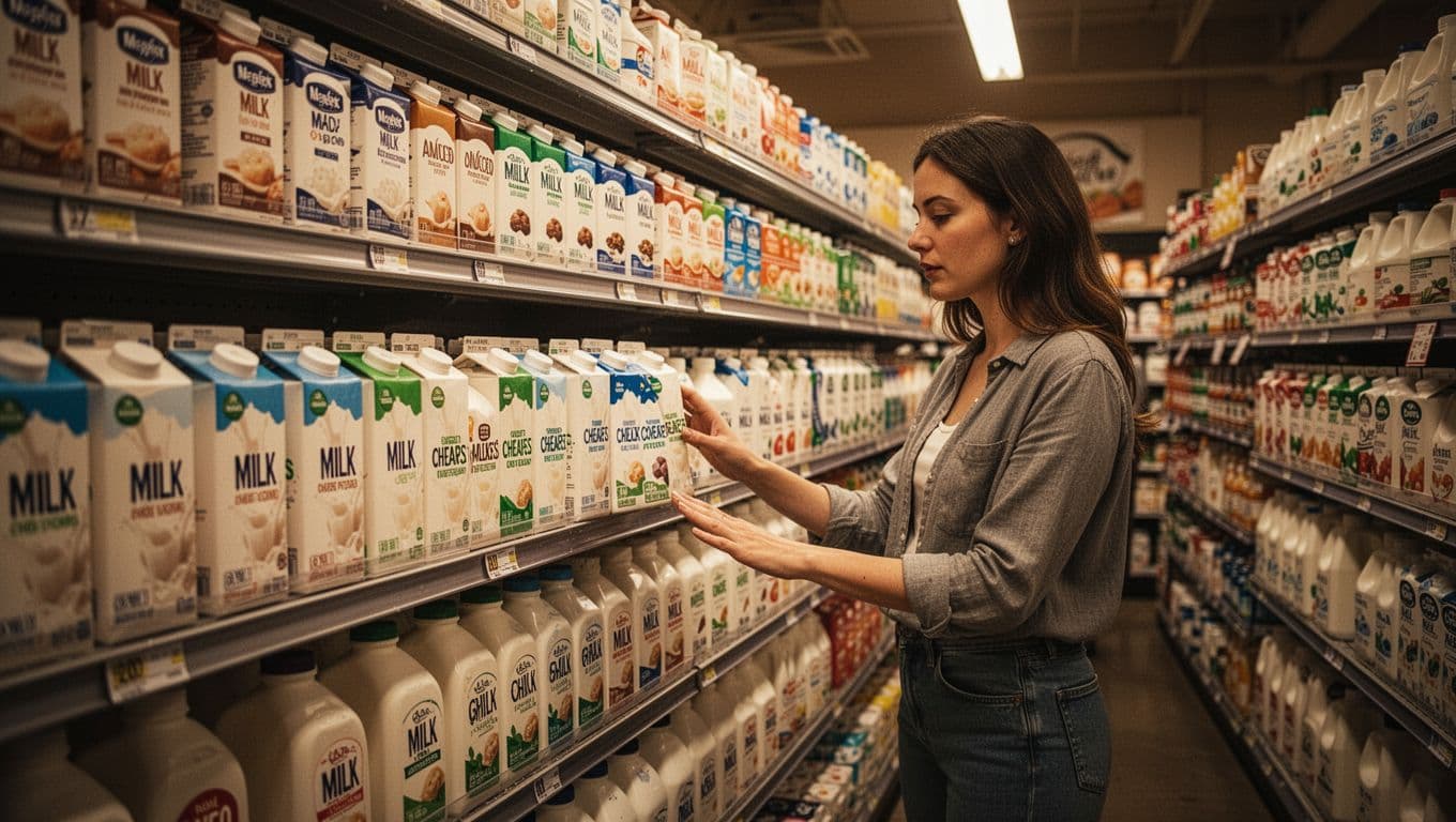 Grocery store dairy aisle with shelves stocked in FIFO order: oldest cheapest milk cartons in front selected by one female customer, newer pricier ones behind, under warm cinematic lighting.