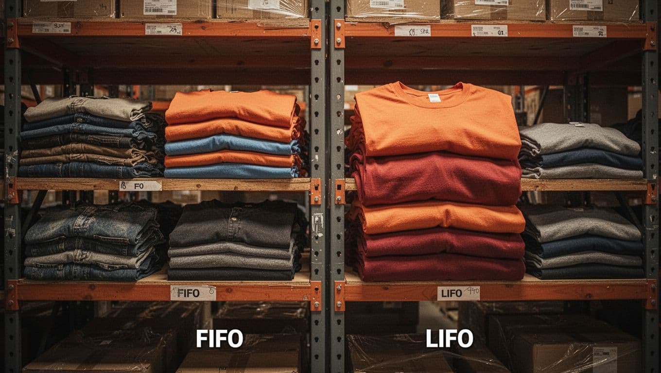 Warehouse interior featuring two parallel wooden shelves with stacked folded plain t-shirts: left shelf illustrates FIFO with smaller cheaper-looking shirts in front and larger pricier ones behind; right shelf shows LIFO with larger pricier shirts in front and smaller cheaper ones behind, in cinematic style with dramatic warm lighting.