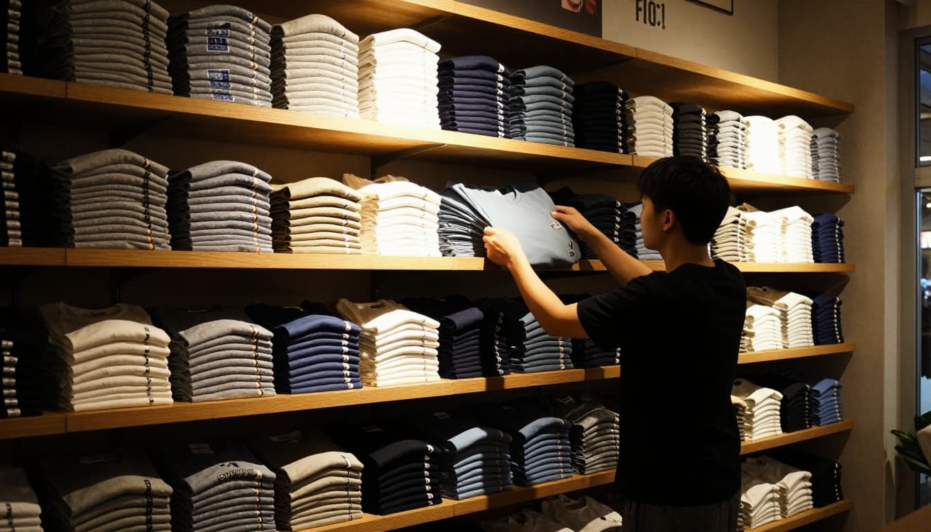 Retail clothing store interior with wooden shelves displaying three stacks of folded t-shirts—front oldest cheapest, middle newer expensive, back newest priciest—one customer relaxedly reaching only for the front stack, cinematic warm lighting and dramatic contrast.