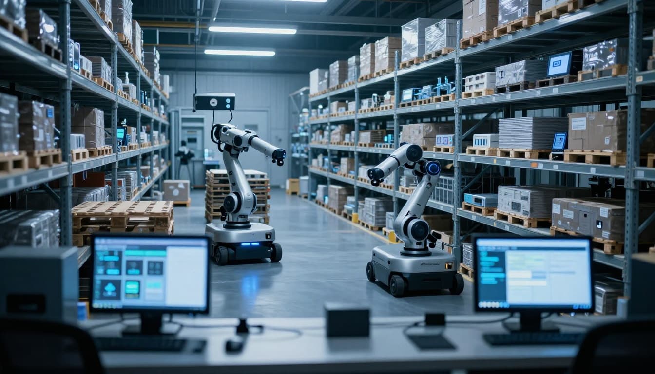 Futuristic warehouse with AGV robots autonomously moving pallets between shelves, IoT sensors and RFID readers on racks, blurred control dashboard, dramatic blue-toned lighting, and cinematic depth.