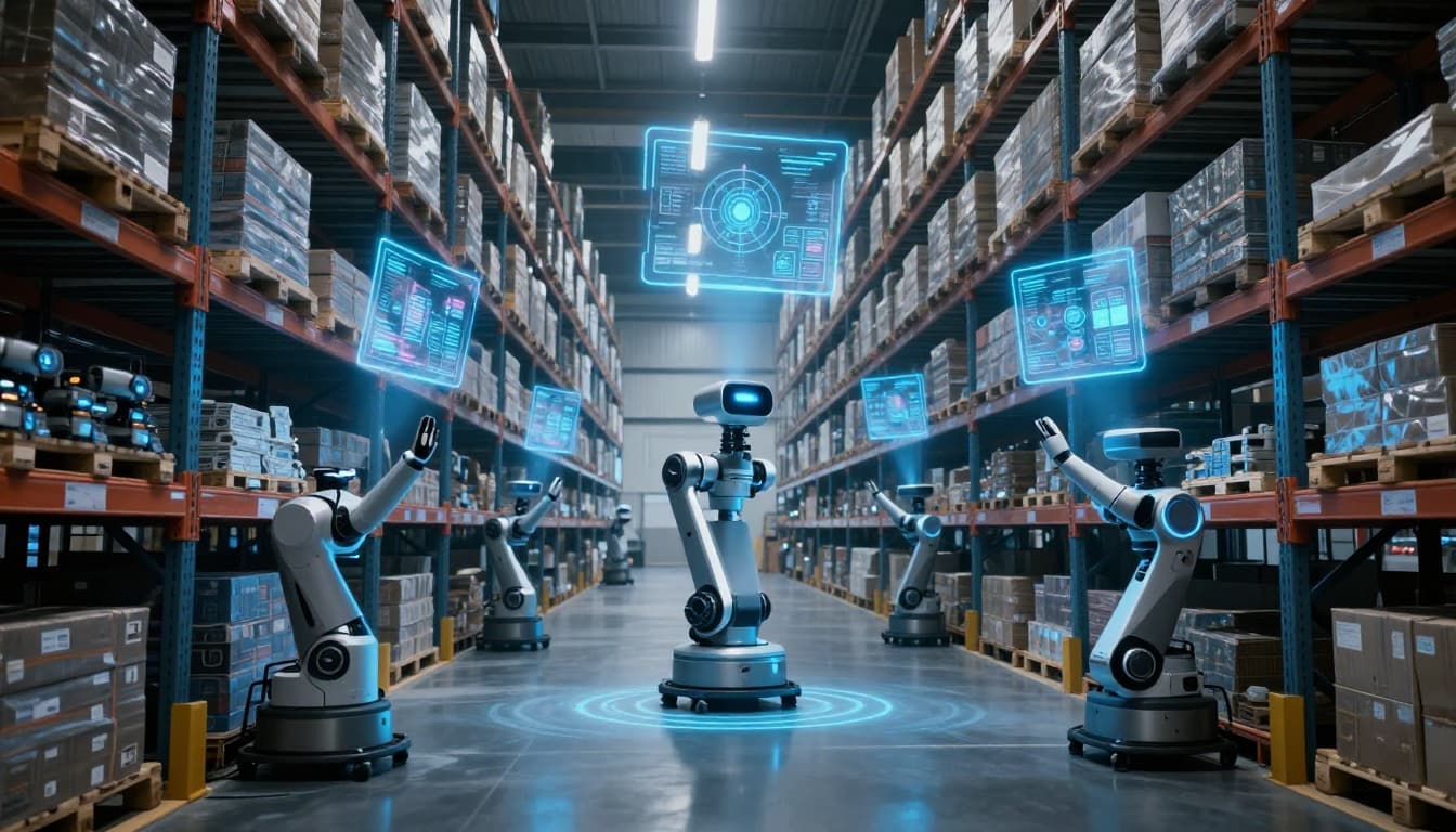 Futuristic warehouse showcasing exactly three autonomous robots scanning shelves and pallets using AI, with floating holographic displays, high-tech racks, empty aisles emphasizing automation, and dramatic blue neon lighting. Depicts AI-driven automation and digital twins concepts in a cinematic style with no humans present.