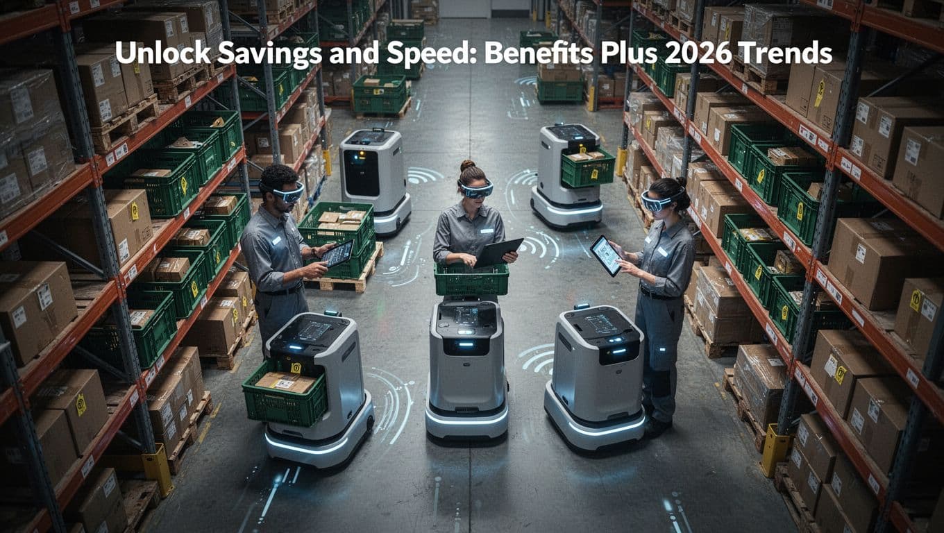 Overhead cinematic view of a high-tech warehouse where two workers in AR glasses use tablets to coordinate three autonomous mobile robots transporting bins between shelves with RFID tags.
