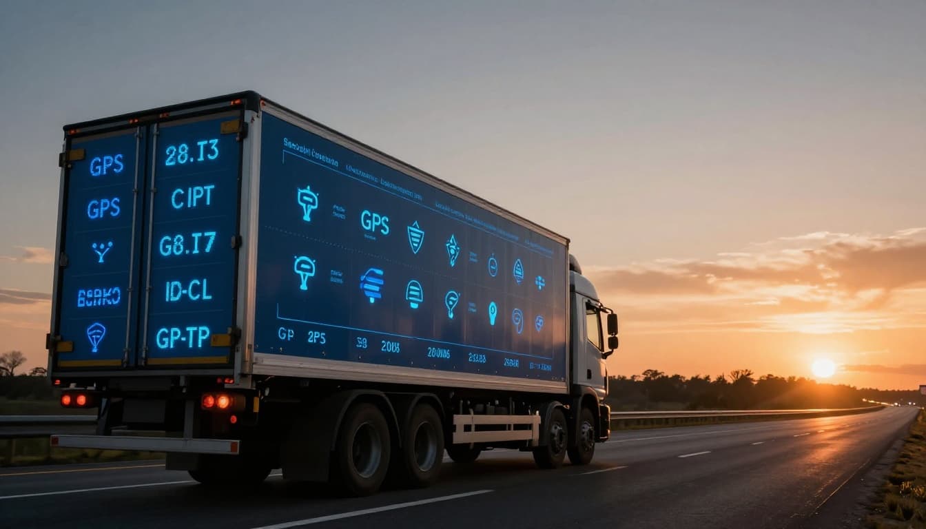 A logistics truck moving on a highway at dusk with a GPS tracker concept, cinematic lighting, motion blur.