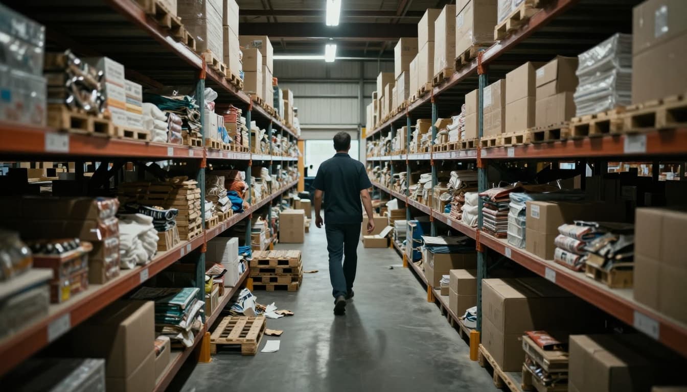 Warehouse aisle with poor layout, fast-moving goods at back, worker walking long distance past empty shelves, cluttered floor with misplaced pallets, side view emphasizing inefficiency.