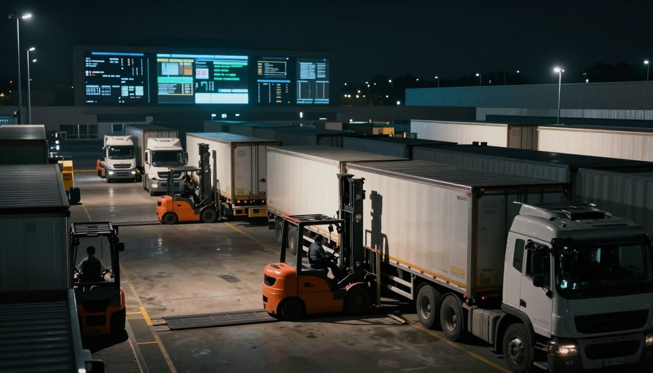 Modern distribution center shipping area with trucks loaded by forklifts at docks and outgoing trucks on ramps, nighttime exterior with dramatic spotlights and cinematic lighting.