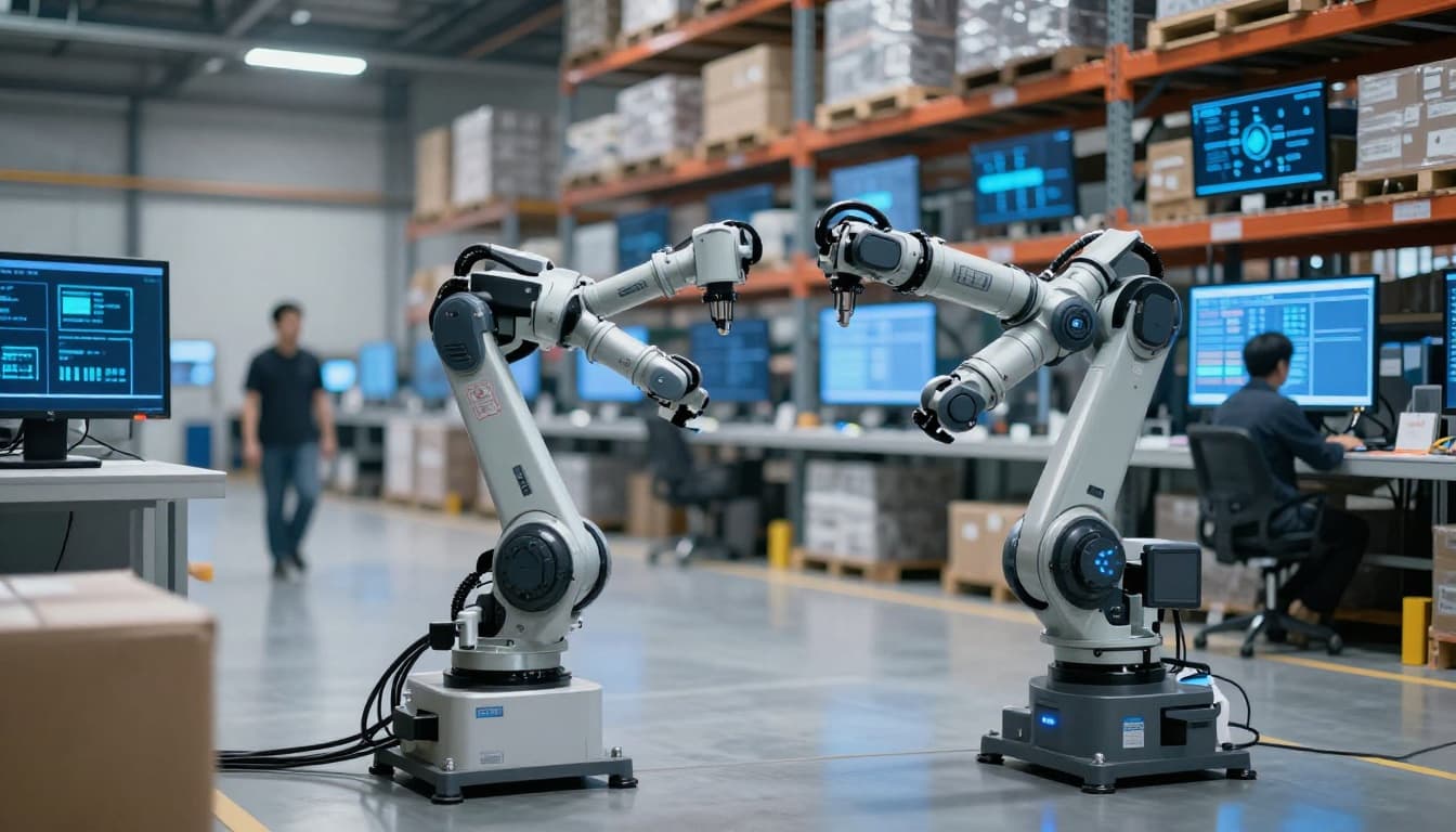 A cinematic modern warehouse scene with robotic arms assisting one human in efficient picking and packing, blurred WMS screens in the background implying AI-driven organization.