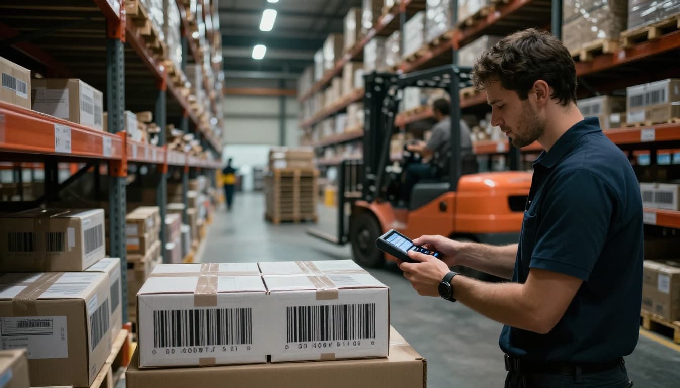 Busy modern warehouse interior with two workers: one scanning barcode on a box with handheld device, another organizing items on shelves nearby, forklift moving pallet in background, dramatic lighting and cinematic style.