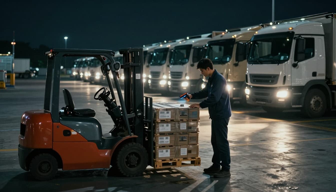 Cinematic night view of warehouse receiving dock with forklift unloading pallets, one worker scanning barcode on incoming pallet using handheld scanner, dramatic lighting and shadows.