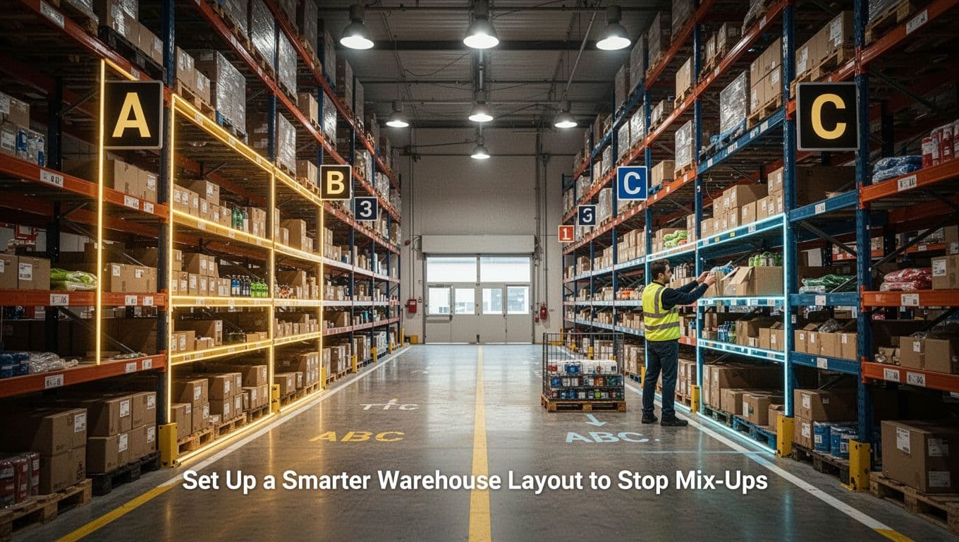 Organized warehouse interior with ABC zones and visual cues for easier picking.