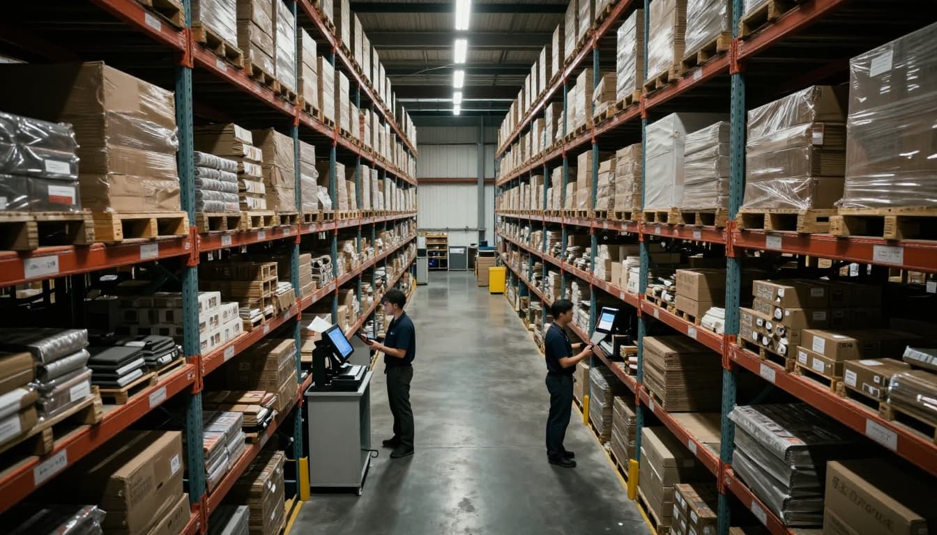 Overhead cinematic view of an efficient warehouse with clear aisles, labeled shelves, and two workers using scanners at stations, featuring dramatic lighting and strong contrast.