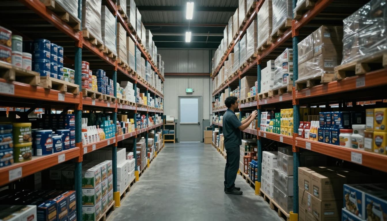 Warehouse interior showcasing optimized slotting with fast-selling items near packing stations and doors, fully utilized vertical racking, seasonal goods in dedicated zones, and one worker efficiently picking from nearby shelves in cinematic style.