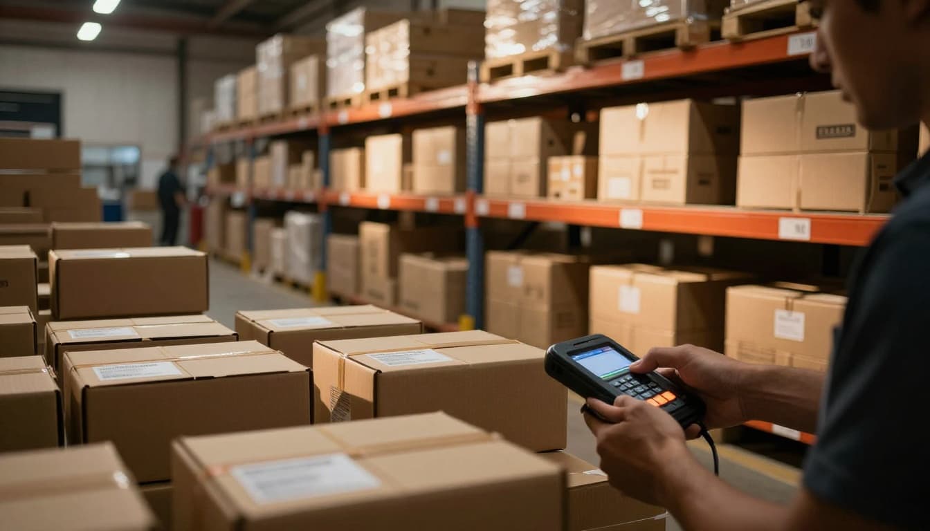 Organized warehouse interior with neatly arranged shelves of boxed products, one worker scanning and picking an item with a handheld device amid dramatic lighting and warm tones.