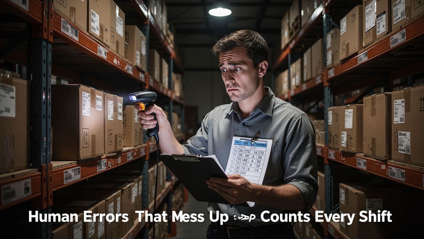 Warehouse worker in dimly lit storage area stands puzzled before metal shelves of boxes, holding scanner at a box while checking clipboard numbers, dramatic cinematic lighting.
