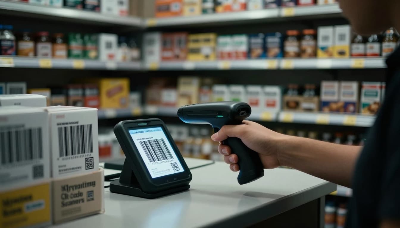 Retail store employee using barcode scanner at checkout with shelves stocked behind, cinematic lighting and close focus.