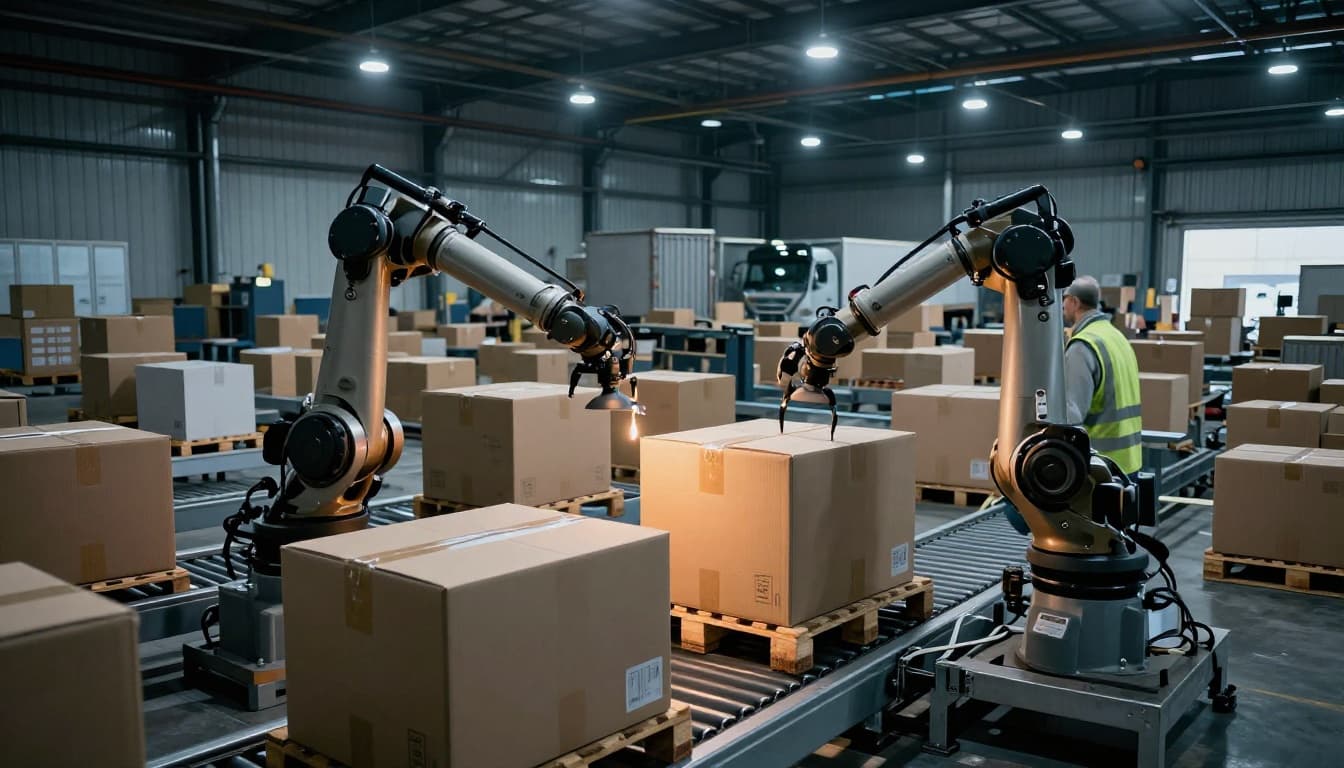 Two robotic arms de-palletize mixed-size cardboard boxes from a busy receiving dock, overseen by a supervisor, with boxes flowing away on conveyors.