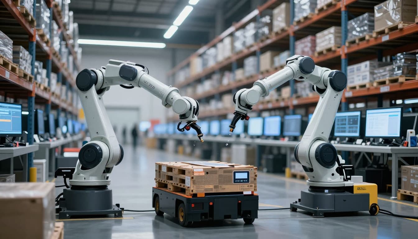 Robot arms and an automated guided vehicle move pallets in a high-tech distribution center with shelves of goods and blurred control monitors, featuring cinematic style, strong contrast, depth, and dramatic LED lighting.