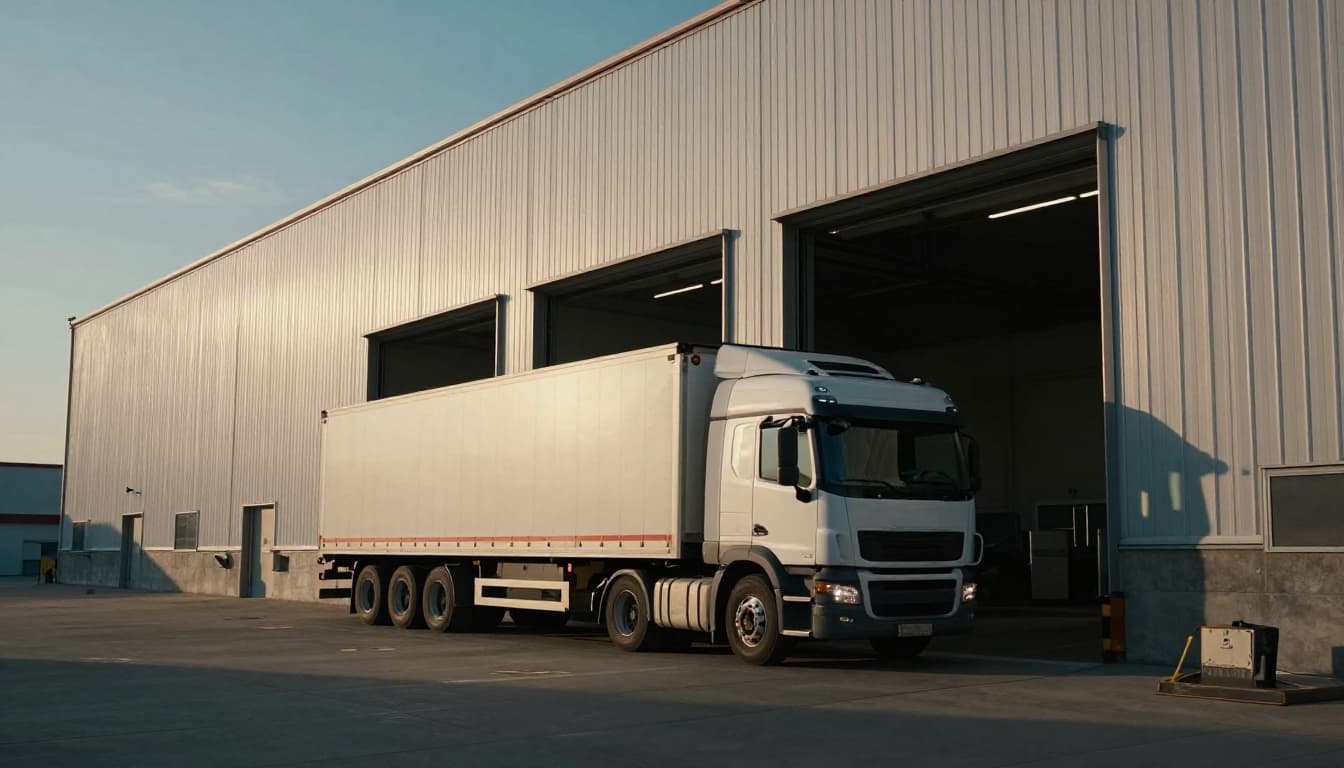 Large modern warehouse exterior with a semi-truck precisely backing into a concrete loading dock ramp at dusk, featuring strong contrast, dramatic side lighting, long shadows, and cinematic depth of field.