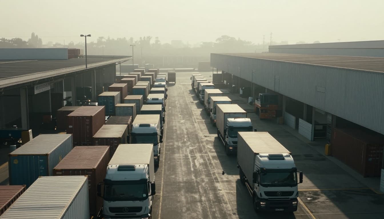 A line of three trucks waits outside a warehouse dock during inbound delays in foggy weather, with stacked idle containers and dramatic low sunlight casting long shadows.