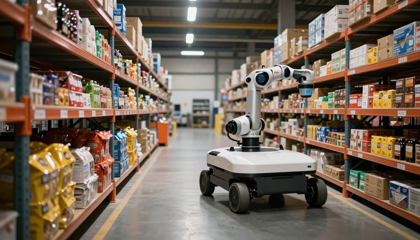 Autonomous mobile robot carrying a shelf of goods to a picking station in a brightly lit warehouse, demonstrating goods-to-person automation in a realistic industrial scene.