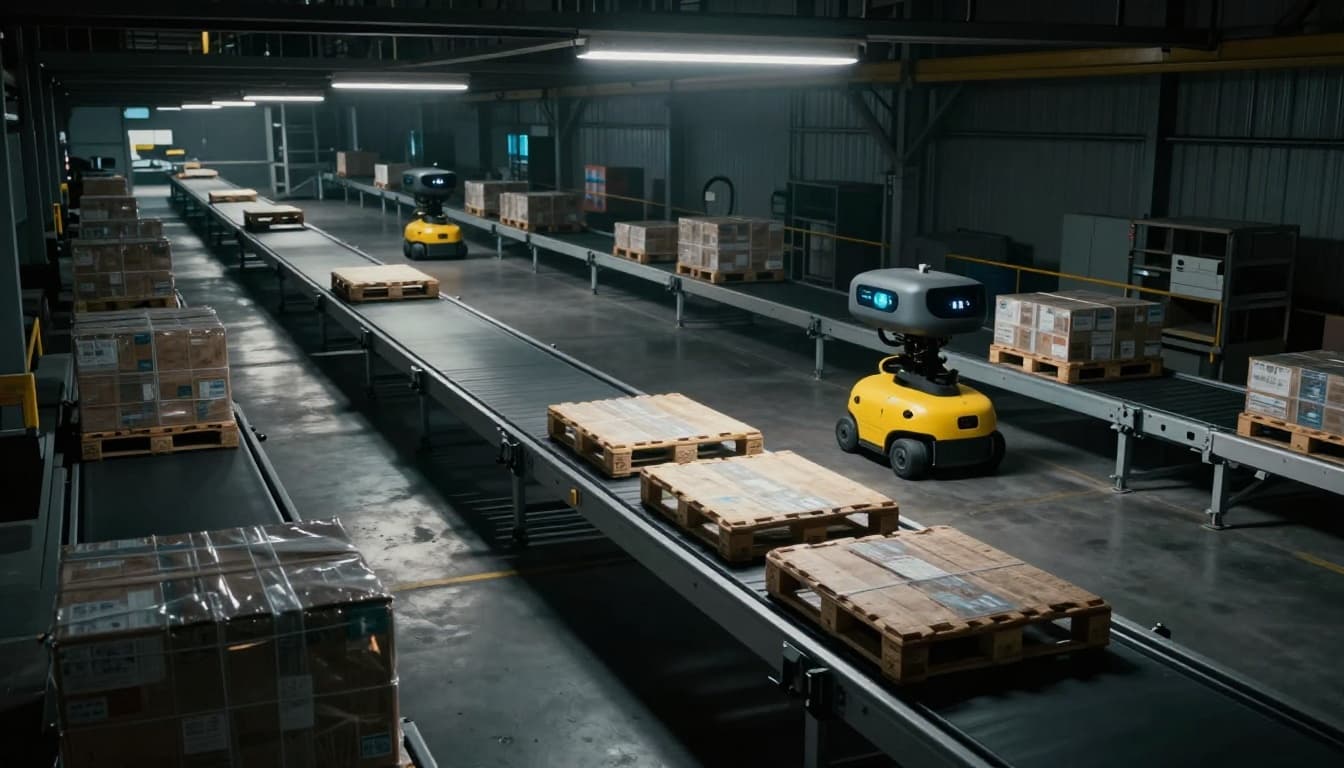 Modern warehouse interior with two autonomous robots transporting pallets along a conveyor belt to the loading area, featuring dramatic overhead lighting, strong contrasts, and industrial tones.