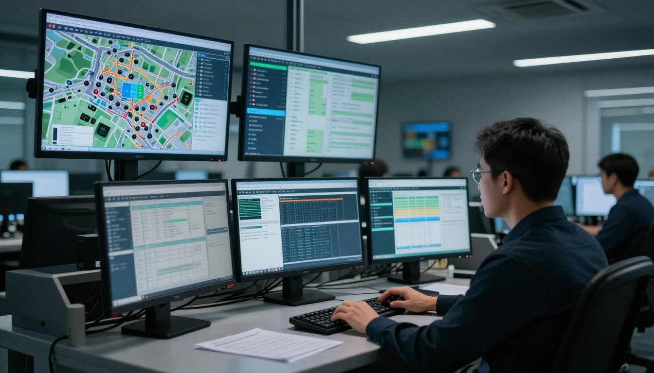 Warehouse control room with real-time inventory tracking screens and one operator at a desk, cinematic monitor glow.