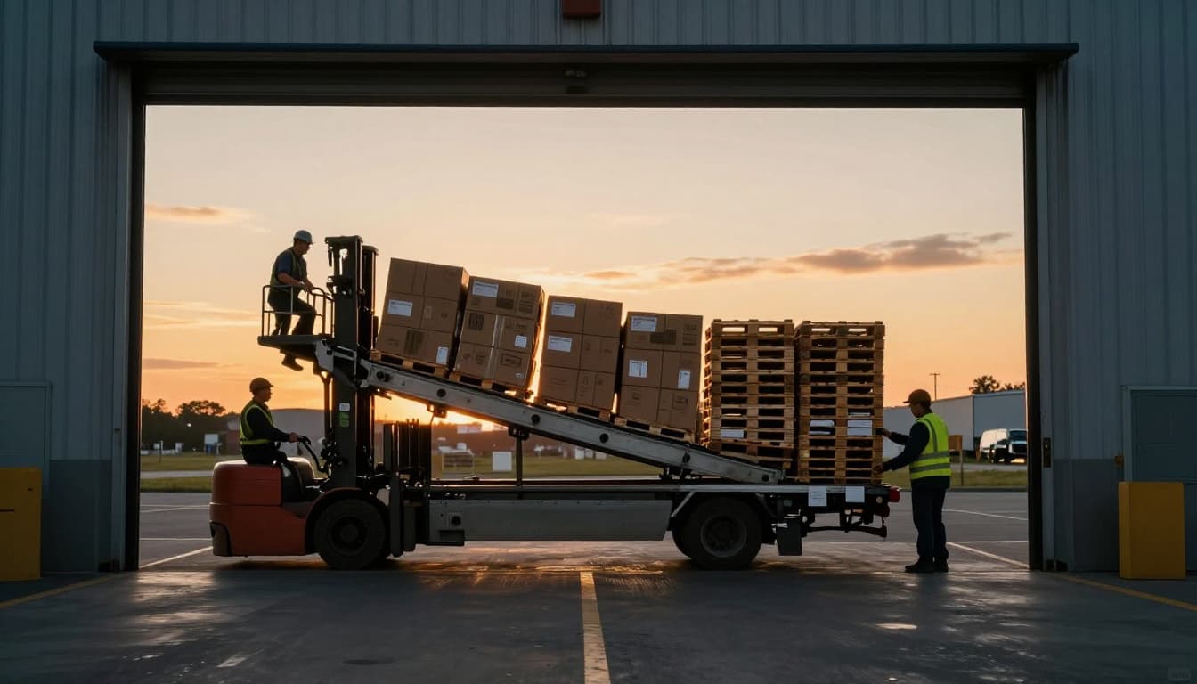 Two workers in a warehouse dispatch area load boxes onto a truck via conveyor or forklift, with final scan at the loading dock and neatly stacked pallets, illuminated by dramatic sunset light through open doors in cinematic style.