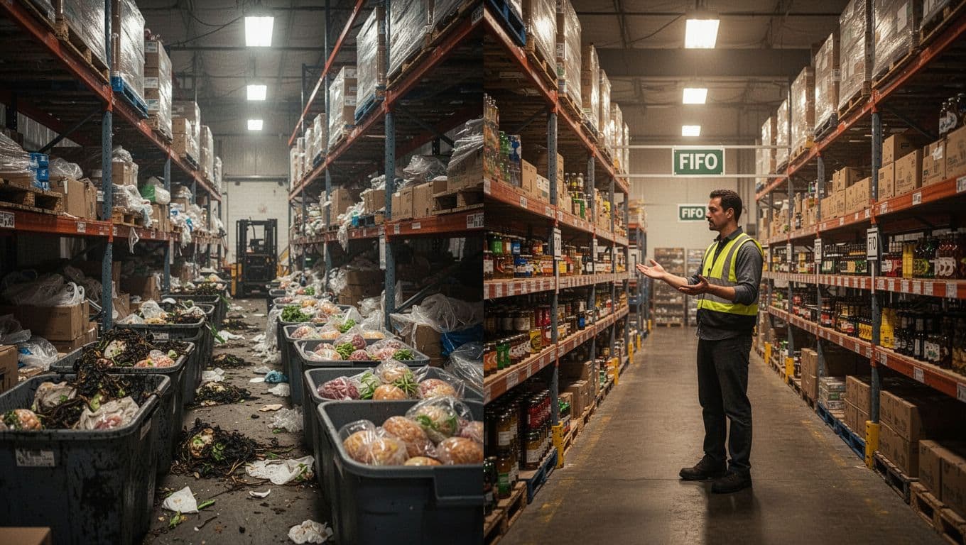 Split composition of a warehouse interior contrasting left-side chaos with overflowing shelves and spoiled food bins against right-side order with balanced stock, proper shelving, FIFO zones, and one worker checking inventory.