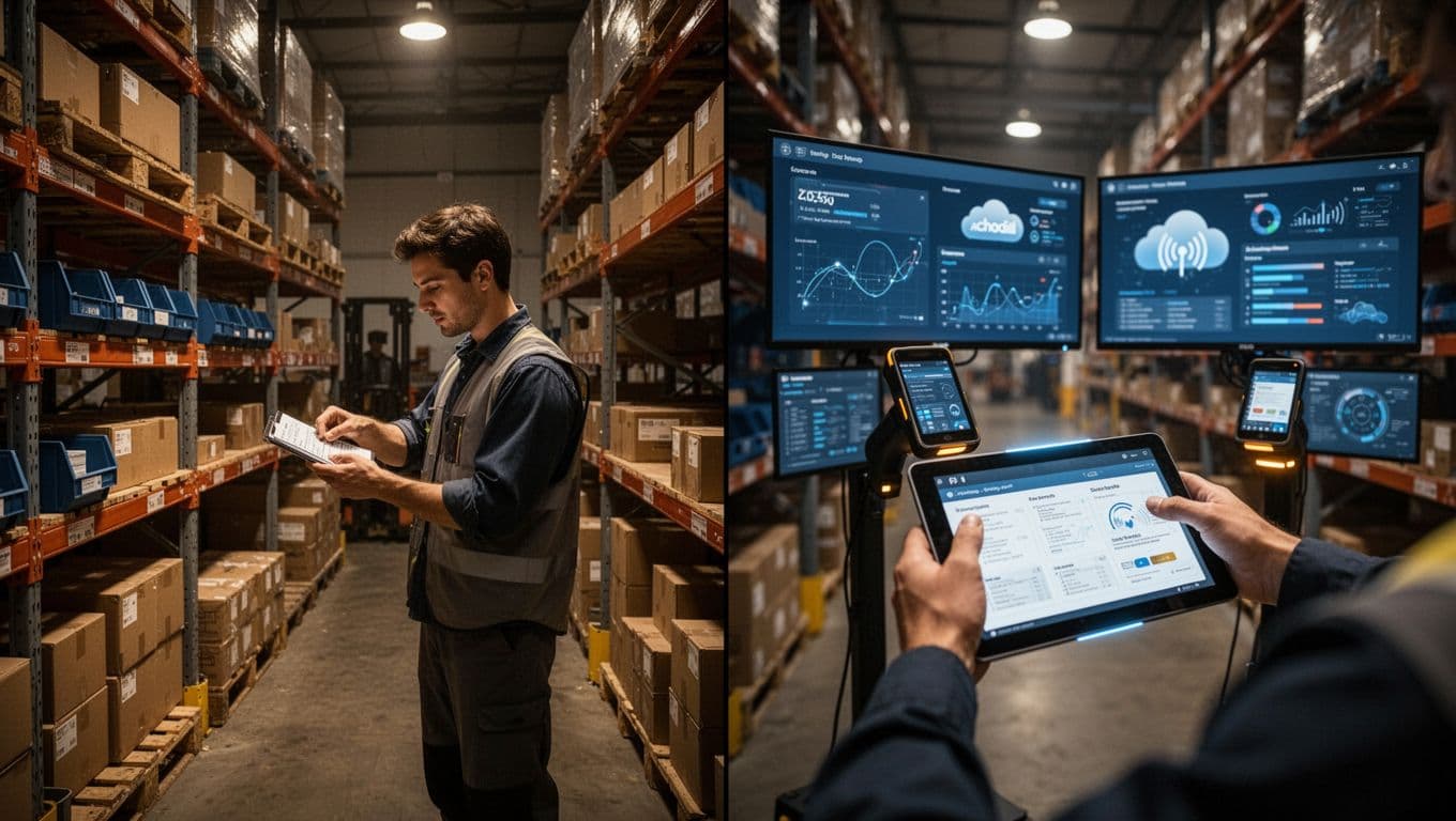 Split warehouse scene contrasting manual counting in dim light on the left with RFID scanners and digital interfaces on the right, cinematic style with dramatic lighting.