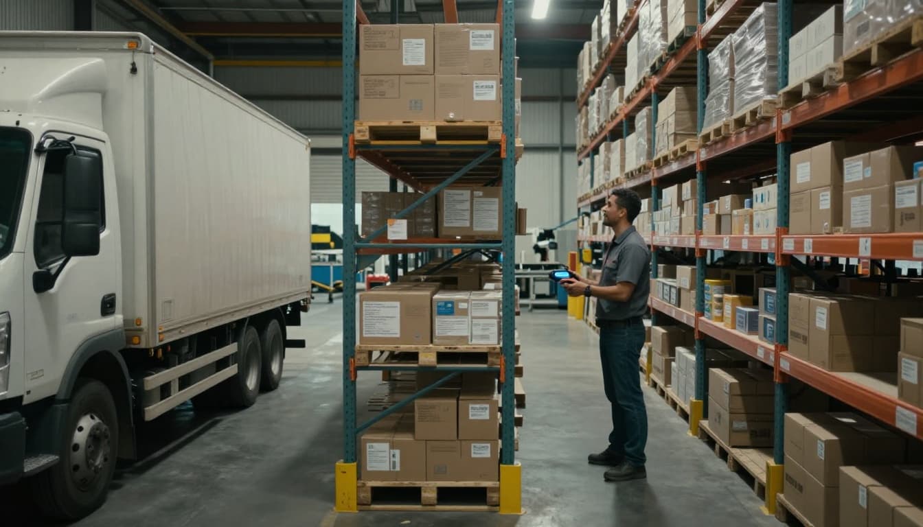 Warehouse worker scanning inventory while items move from receiving to shelves and toward shipping.