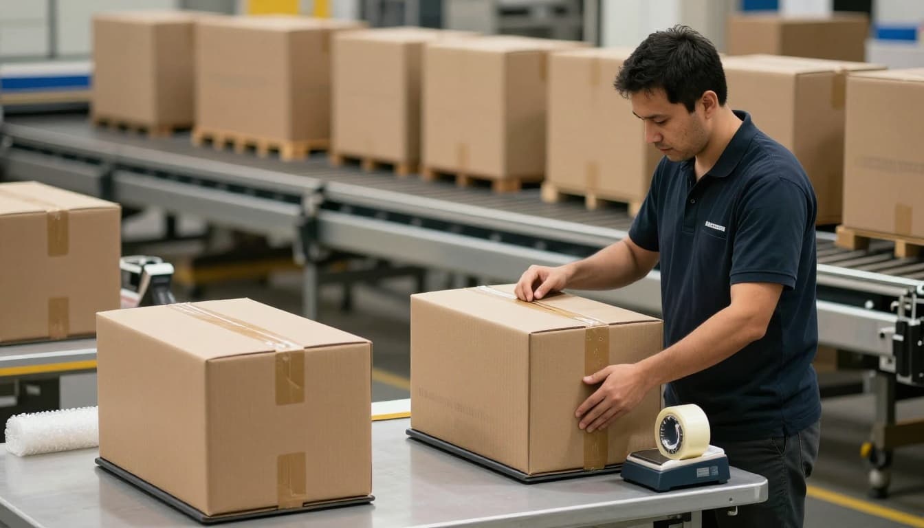 A single warehouse worker places an item into a custom-sized box at a packing station table with scale, tape dispenser, and bubble wrap nearby, conveyor belt in the background, dramatic cinematic lighting.