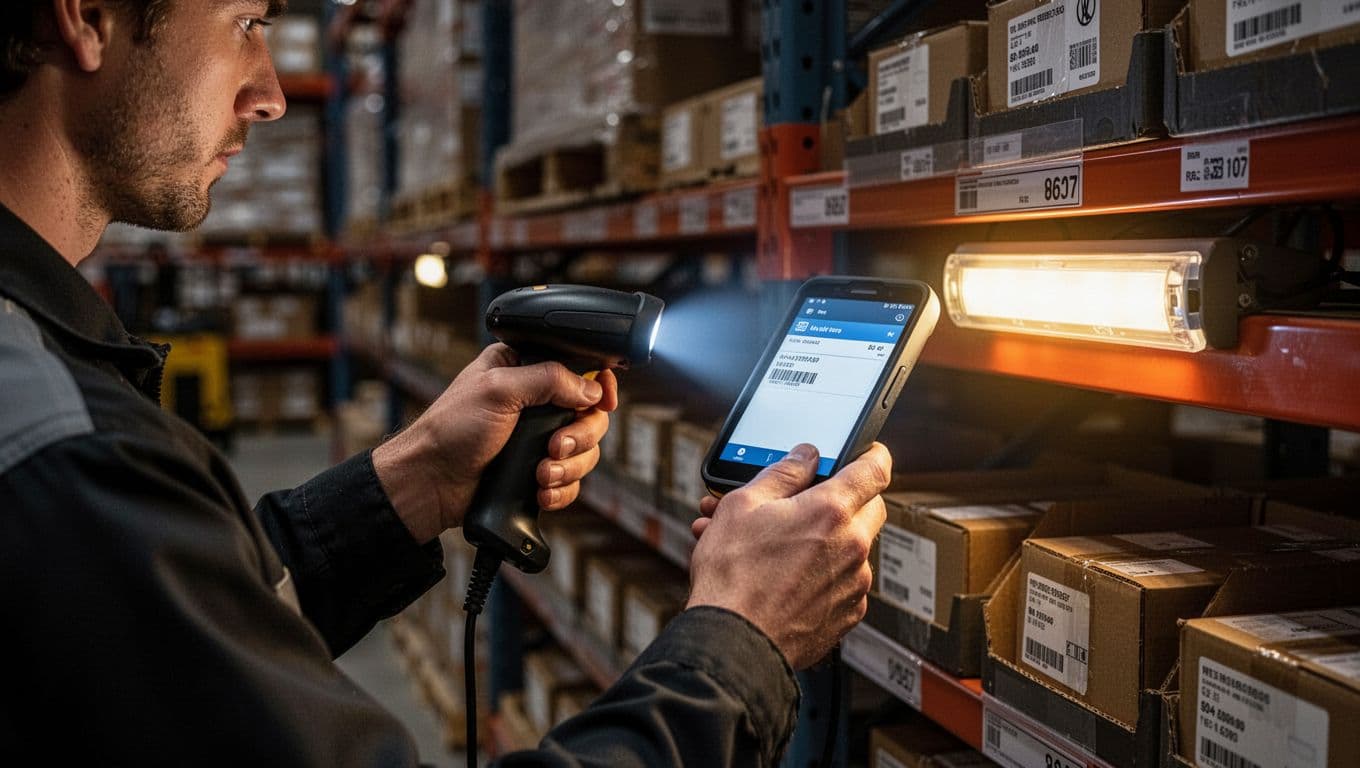 Warehouse picker using barcode scanning with pick-to-light confirmation.