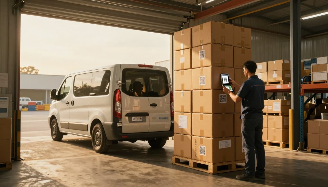 Busy warehouse receiving dock featuring an electric van unloading returned boxes while a worker scans a QR code with a mobile app, set against an organized sorting area in cinematic golden hour lighting.