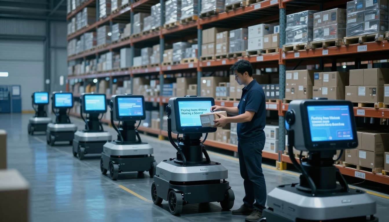 Autonomous mobile robots carry shelves through wide warehouse aisles toward a single worker picking items from a box, with high racks stocked with boxes and cinematic dramatic lighting in muted blue-gray tones.