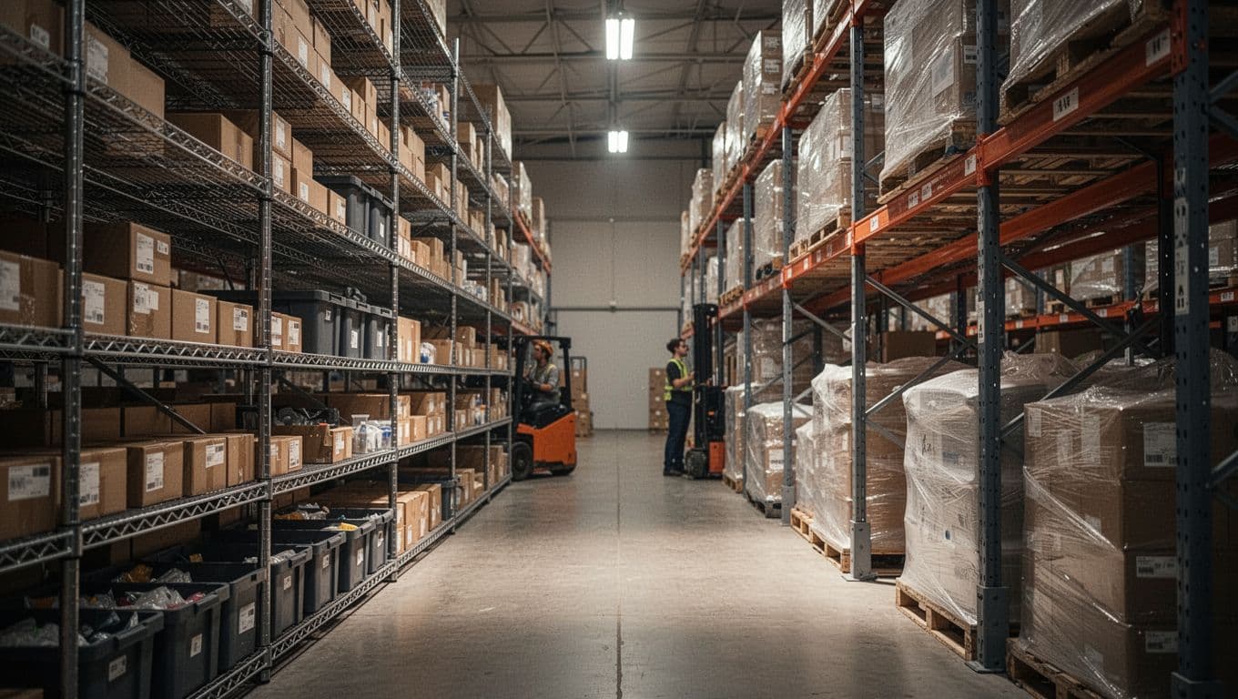 Warehouse aisle showing traditional wire shelving units stocked with small to medium boxes and bins on one side, and selective pallet racking with large bulky items and pallets on the other, in a close-up composition highlighting structural differences in an industrial setting with cinematic lighting.