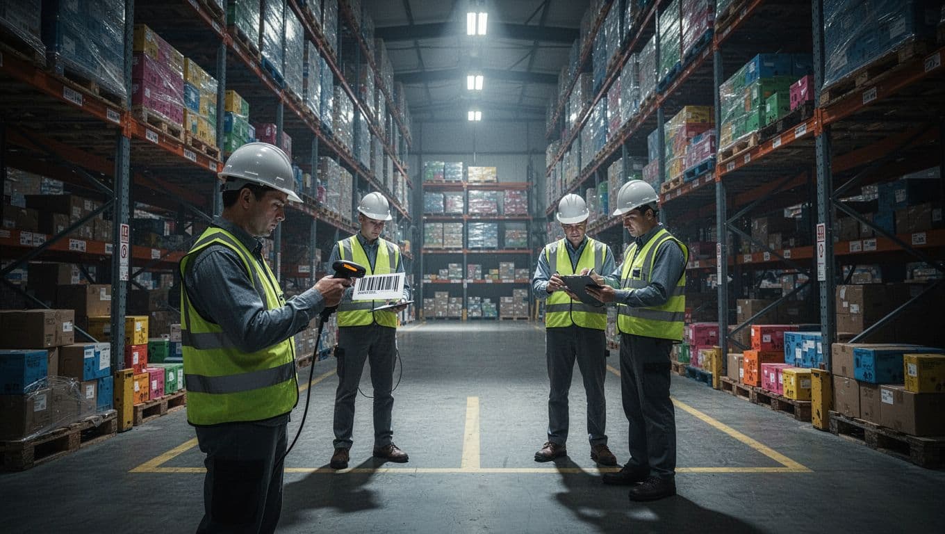 In a vast warehouse with tall shelves and pallets, two workers in safety vests and helmets perform stock audits: one scans a barcode with a handheld device, the other counts items on a clipboard, under dramatic overhead lighting in cool blues and grays.