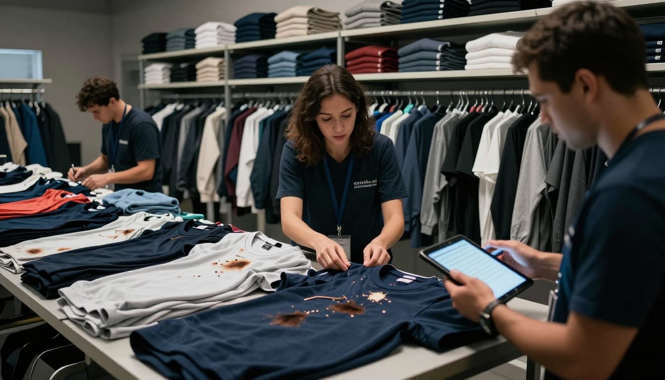 Two warehouse workers inspect returned apparel on a table: one checks a garment for stains and tears, the other grades condition using a tablet in a clean modern setting with shelves of folded clothes.