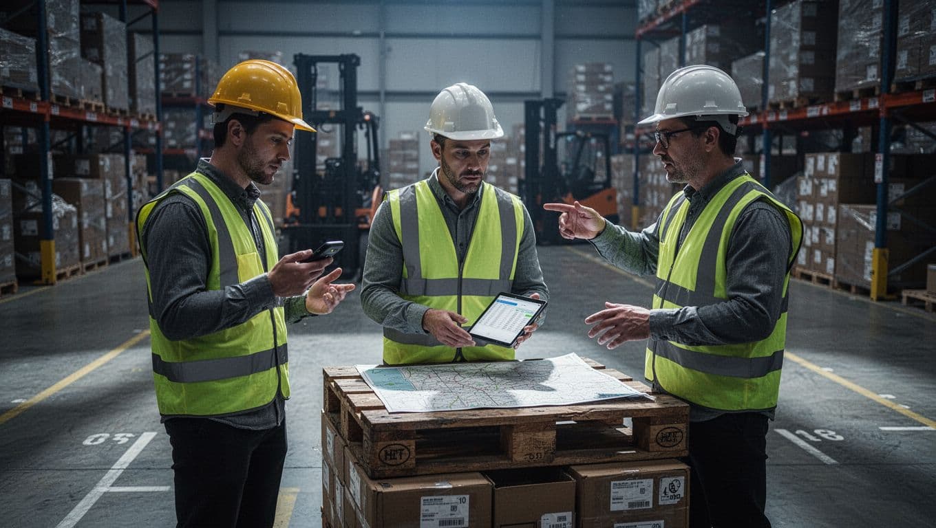 Three workers in high-visibility gear systematically count inventory in marked warehouse zones: one scans with a mobile device, another verifies on a tablet atop a pallet, and the third directs using a map, with blurred pallets and forklifts in the background under cinematic cool blue-gray lighting with strong contrast and shadows.