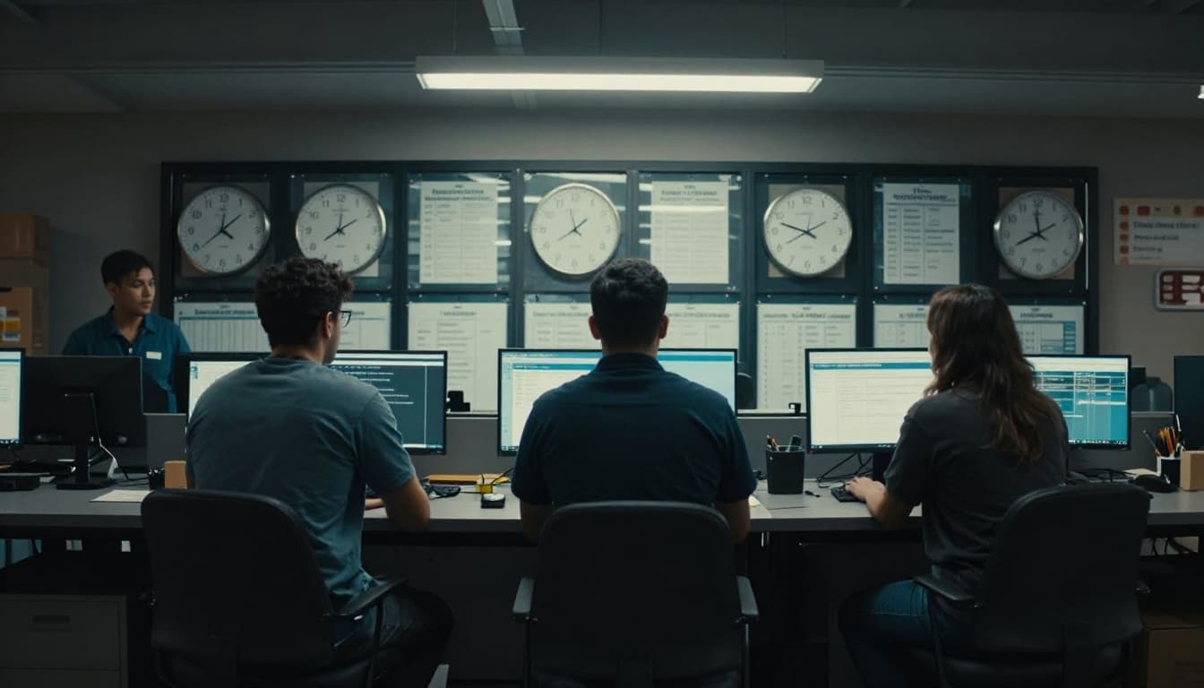Three warehouse workers engage in a high-energy training on picking exceptions, with blurred clocks and schedules showing staggered shifts, captured in cinematic style with dramatic lighting and strong contrast.