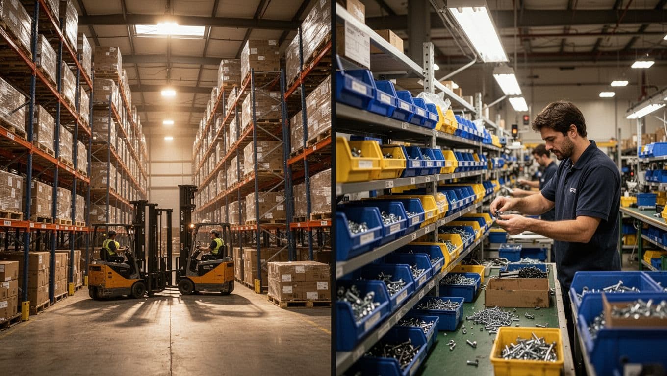 Split scene contrasting a central warehouse with tall racks, pallets, boxes, and forklifts on the left against a manufacturing floor with point-of-use storage bins and shelves at workstations on the right, in an industrial setting with cinematic lighting.