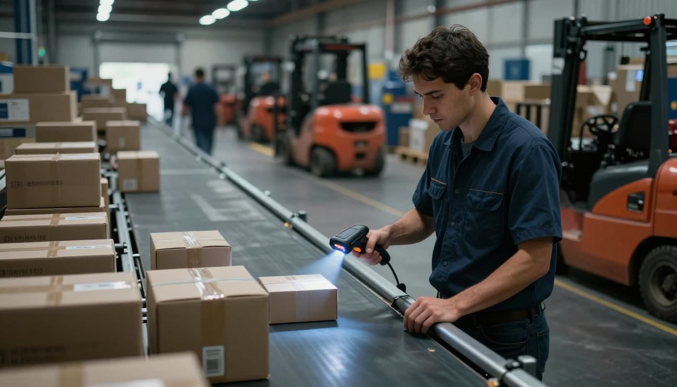 Warehouse worker using handheld barcode scanner on boxes moving along a conveyor belt in a fast-paced receiving area, with pallets and forklifts in the background, captured in dynamic cinematic style.