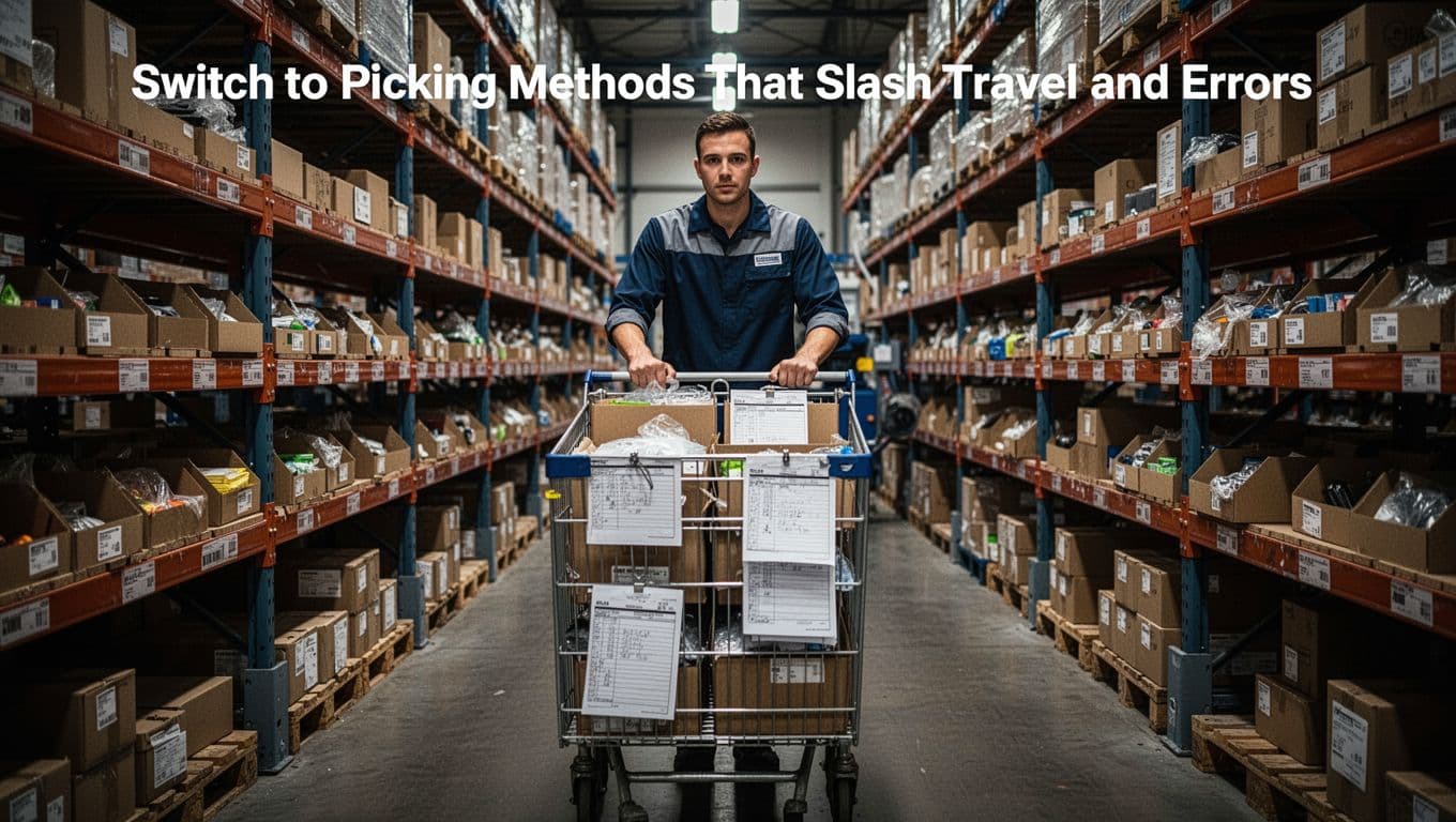 Warehouse worker using batch picking with a cart for multiple orders.
