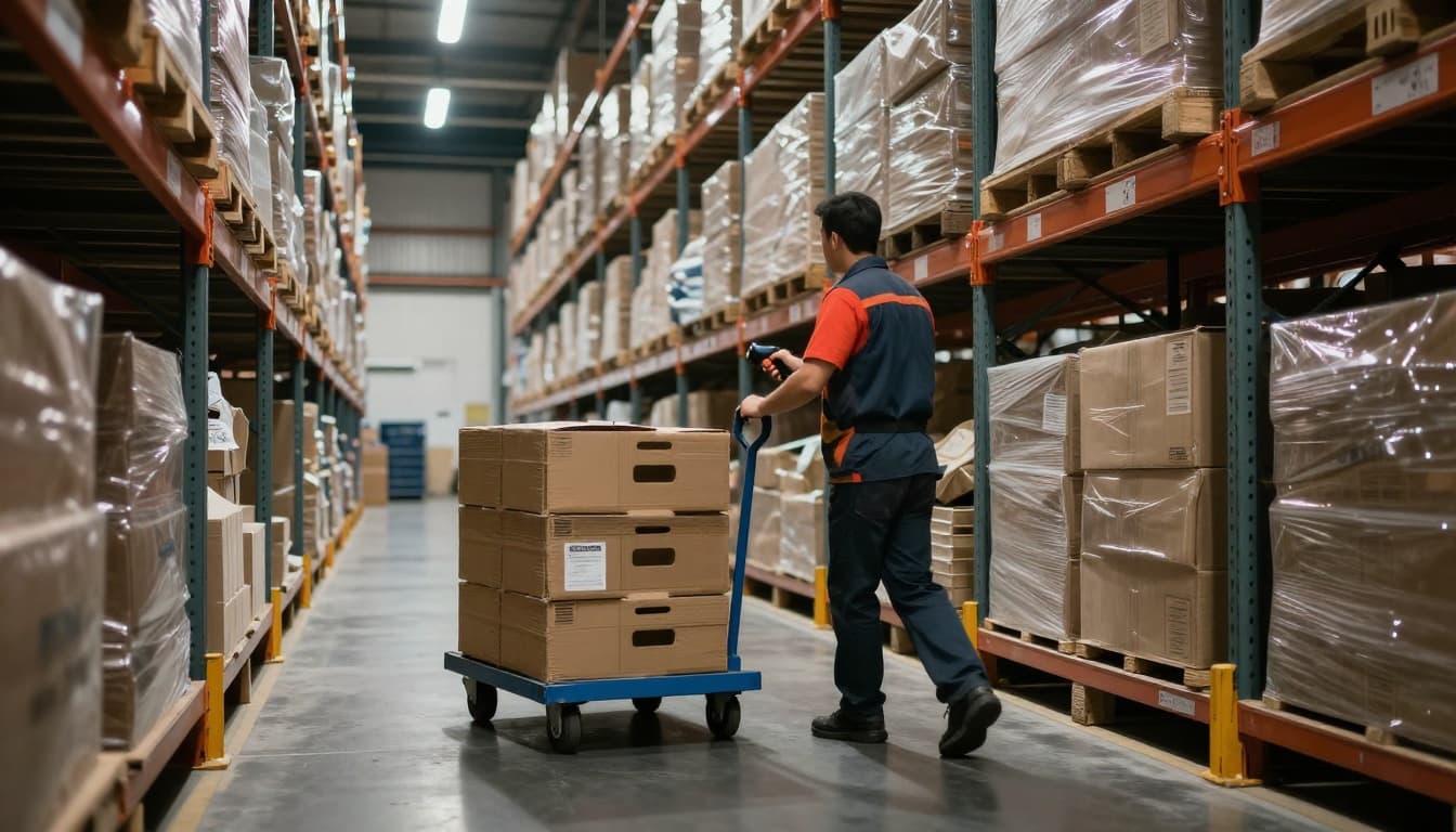 Warehouse worker in a large industrial warehouse aisle, pushing a cart with totes and picking items from high shelves using a handheld scanner, cinematic style with dramatic lighting and shadows.